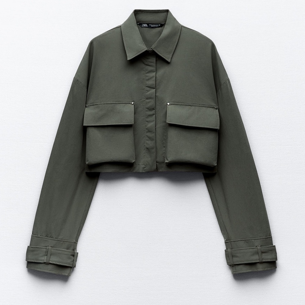 NWT ZARA KHAKI GREEN UTILITY STYLE CROPPED JACKET SHIRT